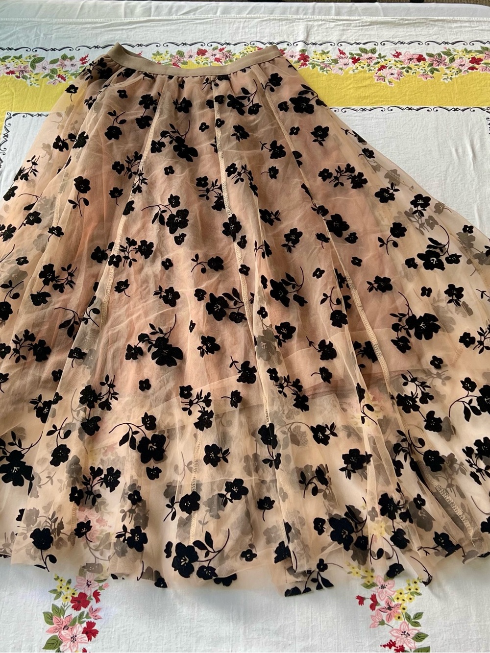 Black Floral Tulle Midi Skirt in Nude Black Velvet Burnout SM Fairy Grunge